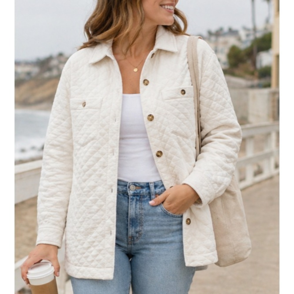 Marine Layer Women Corbet Quilted Shirt Jacket Shacket L Cream Soft Minimalist